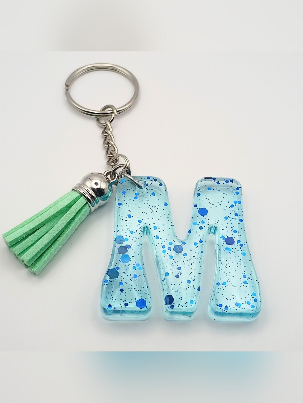 Blue Glitter 'M' Resin Keychain with Mint Tassel